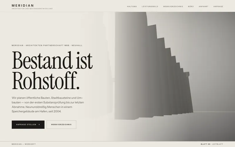 MERIDIAN — Architekturbüro mit monumentaler Bildsprache und Werkverzeichnis