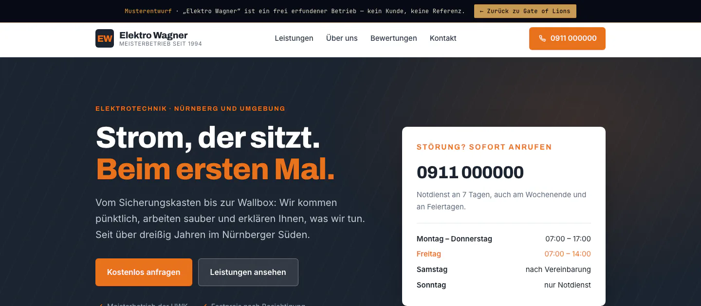 Vorschau des Musterentwurfs „Der Auftritt“ für einen erfundenen Elektrobetrieb