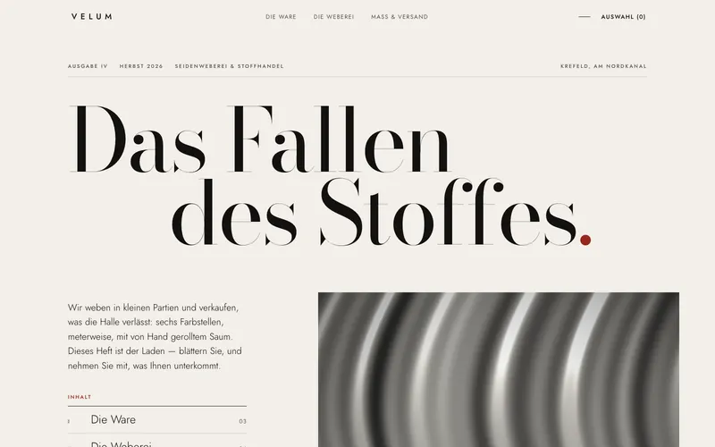 VELUM — Modehaus mit redaktionellem Raster und rechnendem Warenkorb
