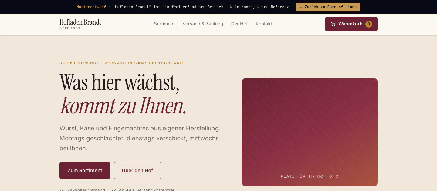 Vorschau des Musterentwurfs „Der Shop“ für einen erfundenen Hofladen