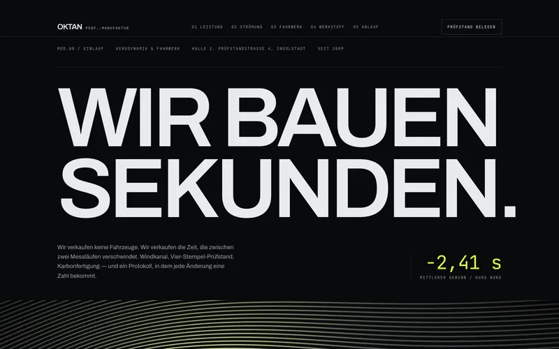 OKTAN — Performance-Manufaktur mit Windkanal-Visualisierung und dreistufiger Terminbuchung